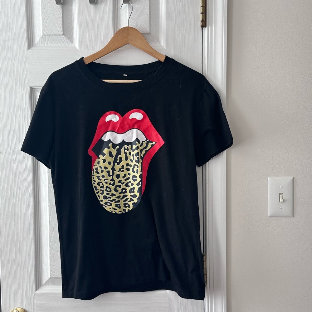 Black T-Shirt with Red Lips and Leopard Tongue